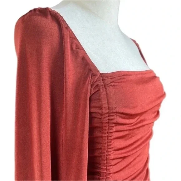 Free People Ruched Long Sleeve Bodysuit Cherry Chai Bottom Snap Closure Small - Picture 10 of 13